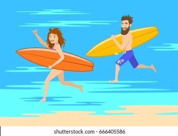 funny couple surfers, man and woman running on the beach with surfboards