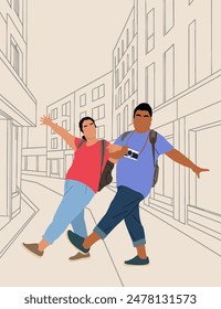 Funny couple tourist Characters, man and woman in summer clothes with camera and backpacks on city street. Concept for Travel and vacation. Cartoon People Vector Illustration.