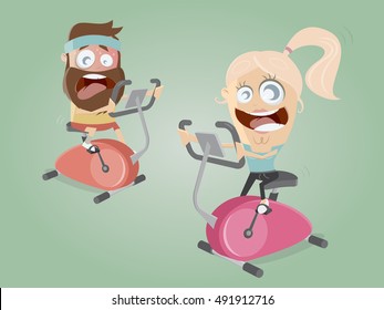 funny couple training on indoor bike trainer