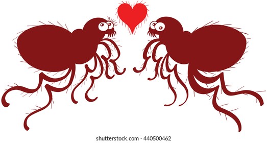 Funny couple of ugly fleas jumping, posing in front of each other while trying to look not concerned and showing a hairy red heart between them