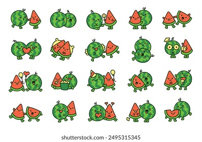 Funny couple watermelon cartoon characters. Cute food friends. Hand drawn style. Vector drawing. Collection of design elements.