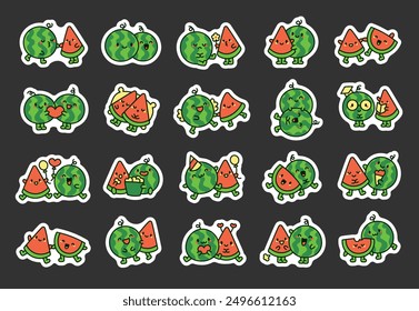 Funny couple watermelon cartoon characters. Sticker Bookmark. Cute food friends. Hand drawn style. Vector drawing. Collection of design elements.