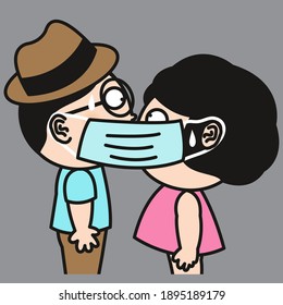 Funny Couple Wearing And Sharing Medical Face Mask To Protect Themselves From Germs And Virus Concept Card Character illustration