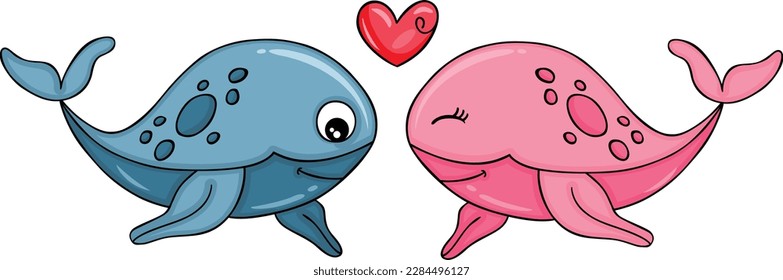 Funny couple of whales with heart
