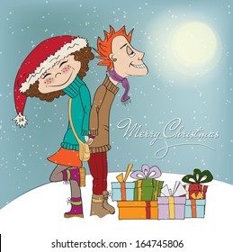 funny couple in the winter, Christmas card in vector format