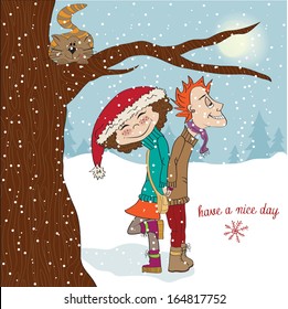 funny couple in the winter, Christmas card in vector format