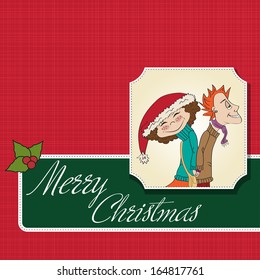 funny couple in the winter, Christmas card in vector format