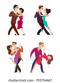 Funny couples dancing latin and foxtrot dance. Male and female characters isolate on white performance romantic dance together. Vector illustration