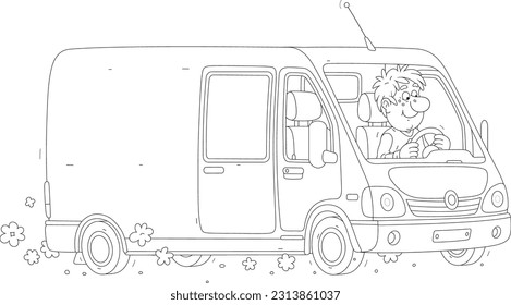 Funny courier driving his express delivery van full of ordered goods for waiting customers, black and white outline vector cartoon illustration for a coloring book
