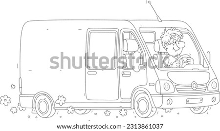 Funny courier driving his express delivery van full of ordered goods for waiting customers, black and white outline vector cartoon illustration for a coloring book