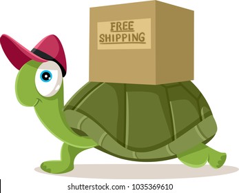 Funny Courier Turtle Free Shipping Concept Vector Cartoon. Cute tortoise character mascot symbol of international mailing delivery