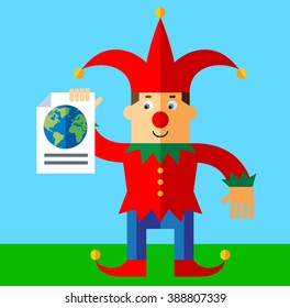 Funny Court Jester  engaged in a global search. Flat style vector illustration  