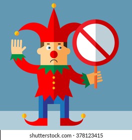 Funny Court Jester  with forbidden sign. Flat style vector illustration  