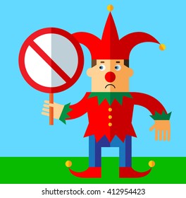 Funny Court Jester  with forbidden sign. Flat style vector illustration  