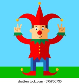 Funny Court Jester  gesturing victory. Flat style vector illustration  