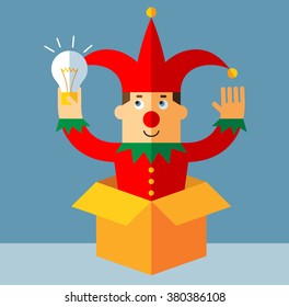 Funny Court Jester  get the idea holding bulb thinking outside the box. Flat style vector illustration  