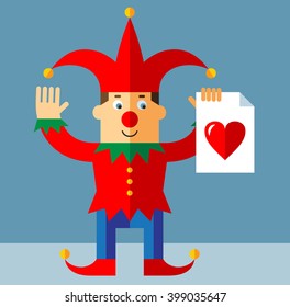 Funny Court Jester  with heart icon. Flat style vector illustration  