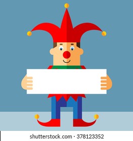 Funny Court Jester   holding a blank sign. Flat style vector illustration  