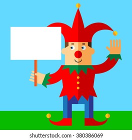 Funny Court Jester  holding a blank sign. Flat style vector illustration  