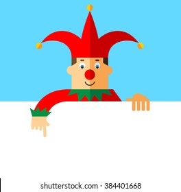 Funny Court Jester  holding a blank sheet pointing. Flat style vector illustration  