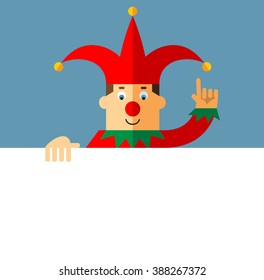 Funny Court Jester  holding a blank sheet and making attention gesture with forefinger. Flat style vector illustration  