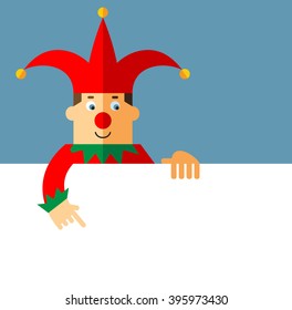 Funny Court Jester  holding a blank sheet pointing. Flat style vector illustration  