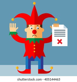 Funny Court Jester  holding checklist with X sign. Flat style vector illustration  