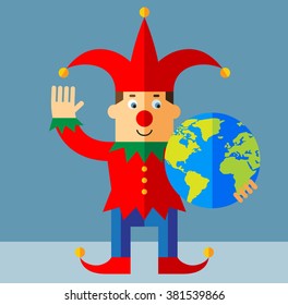 Funny Court Jester  holding a globe and waving hand. Flat style vector illustration  