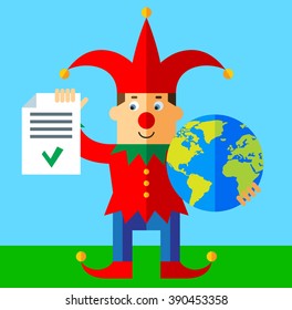 Funny Court Jester  holding a globe and check list with green mark. Flat style vector illustration  