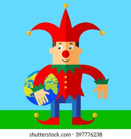 Funny Court Jester  holding a globe. Flat style vector illustration  