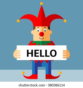 Funny Court Jester   holding a hello sign. Flat style vector illustration  