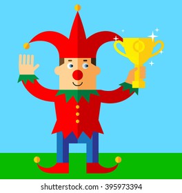 Funny Court Jester  holding winning trophy. Flat style vector illustration  