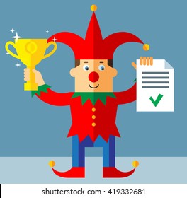 Funny Court Jester   holding winning trophy and check list. Flat style vector illustration  
