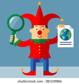Funny Court Jester  with magnifier glass and earth icon. Global search. Flat style vector illustration  