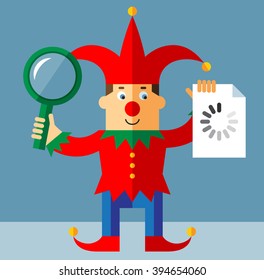 Funny Court Jester  with magnifier glass and preloader icon. Searching. Flat style vector illustration  