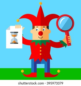 Funny Court Jester  with magnifier glass and preloader icon. Searching. Flat style vector illustration  