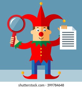 Funny Court Jester  with magnifier glass and document searching. Flat style vector illustration  