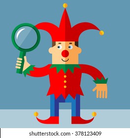 Funny Court Jester   Seeing Through Magnifying Glass. Flat style vector illustration  