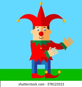 Funny Court Jester  with welcome hands. Flat style vector illustration  