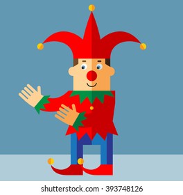 Funny Court Jester  with welcome hands. Flat style vector illustration  