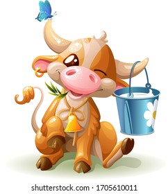 Funny cow with a bucket of milk.