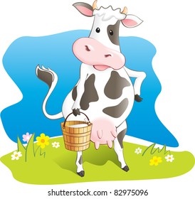 Funny Cow Carry Wooden Pail With Milk. Lawn, Flowers And Sky. Vector Illustration