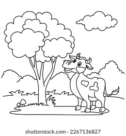 Funny cow cartoon characters vector illustration. For kids coloring book.