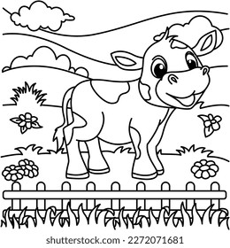 Funny Kuh Cartoon Charaktere Vektorgrafik. Für Kinder Farbbuch.