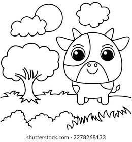 Funny Kuh Cartoon Charaktere Vektorgrafik. Für Kinder Farbbuch.