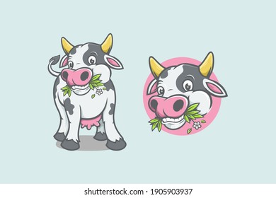 funny cow cartoon chewing grass