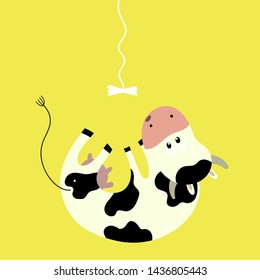 Funny cow cartoon. Cute funny farm milk animal character in action pose -  cow playing with  a bow. Vector funny mascot. Illustration of farm cow animal
