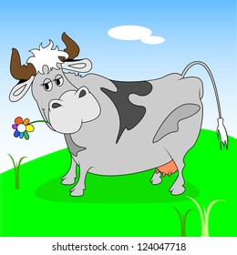    funny cow cartoon eating grass in a meadow
