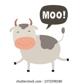 Funny cow cartoon. Talking cloud MOO. Vector Illustration