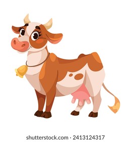 Funny Cow Character with Udder and Horns Standing with Bell on Neck Vector Illustration